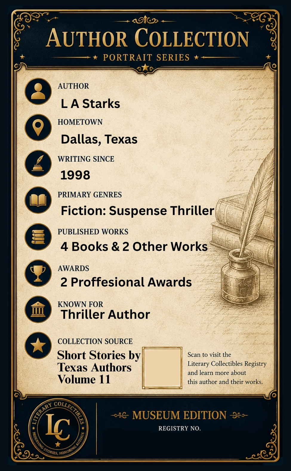 Back of the L A Starks author collectible card