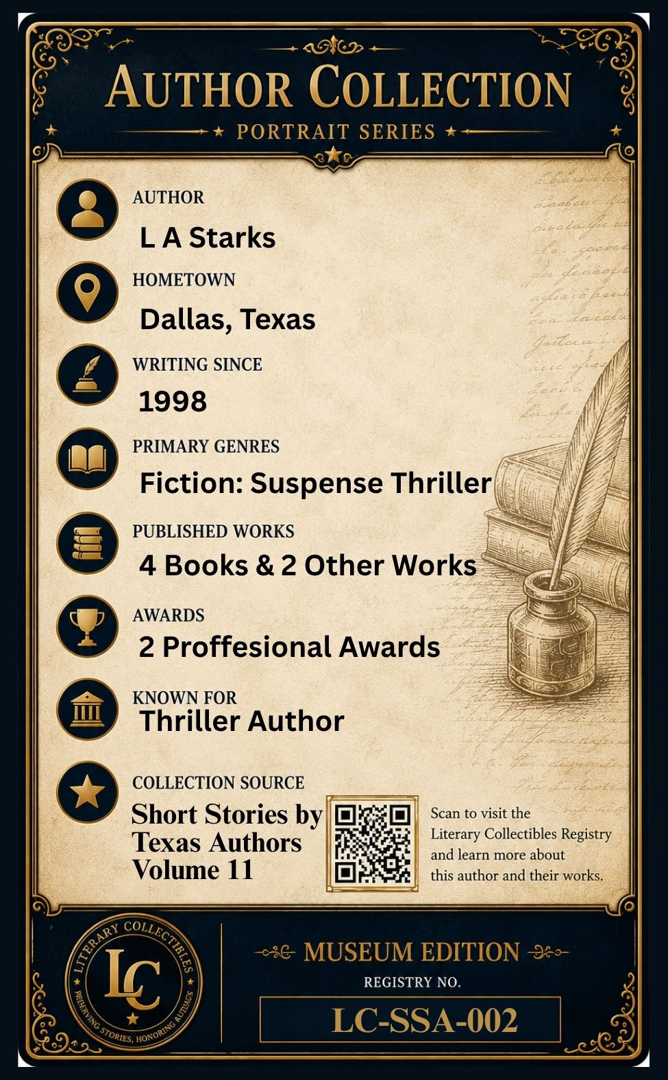 Back of the L A Starks Author Collection Portrait Series Museum Edition